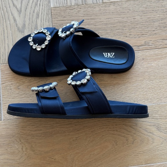 Zara Women's Navy Satin Slide Sandals with Crystal Buckles - Picture 4 of 5